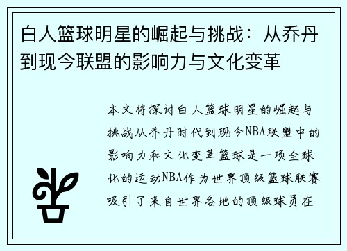 白人篮球明星的崛起与挑战：从乔丹到现今联盟的影响力与文化变革